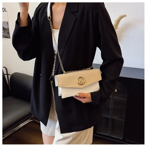 Détail du sac bandoulière bicolore avec boucle dorée M et bandoulière en chaîne