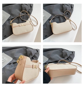 Detail grid of cream woven underarm bag with leather bow and adjustable strap