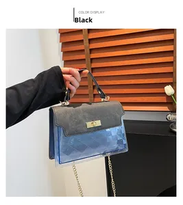 Detail of crossbody bag with black faux suede flap and blue quilted PVC texture