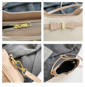 Detailed views of beige straw woven handbag featuring bow decoration and metal hardware