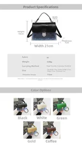 Detailed size guide and specifications for the transparent square handbag with PU strap