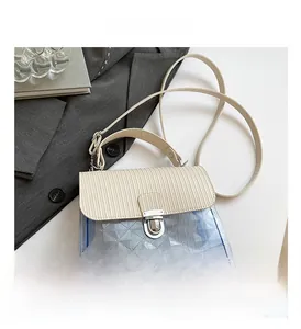 Detail of blue transparent jelly bag with quilted texture and silver rotary lock closure