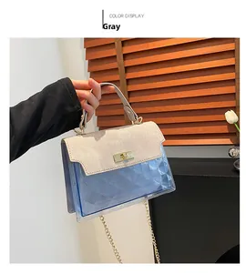 Detail of blue transparent PVC crossbody bag with diamond pattern and gold lock