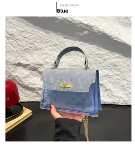 Detail of blue PVC crossbody bag with diamond lattice pattern and gold chain strap