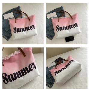 Detail shots of pink gradient canvas tote with Summer lettering and fringe edges