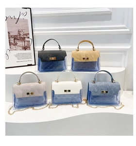 Detailed arrangement of transparent PVC crossbody bags with diamond patterns and chain straps
