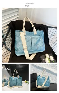 Detail of light blue tote bag with bamboo leaf pattern and woven straps shown from multiple angles