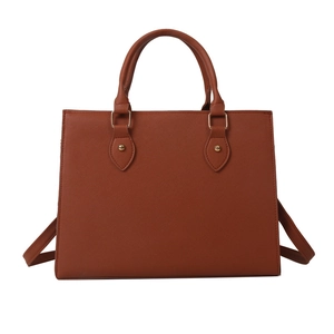 Classic brown Saffiano leather business tote bag with dual handles and gold-tone hardware