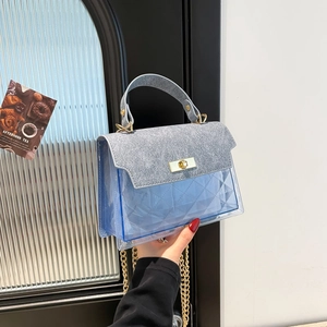 Chic blue quilted PVC crossbody bag with suede flap and gold chain strap held by a model