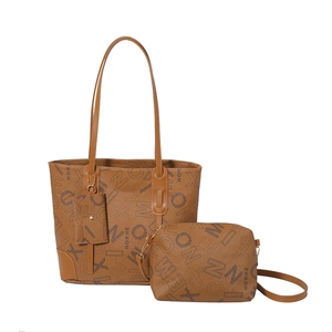 Brown leather tote bag set with vintage letter prints and matching crossbody pouch