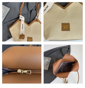 Detail view of woven tote bag texture with brown leather accents and metal zipper