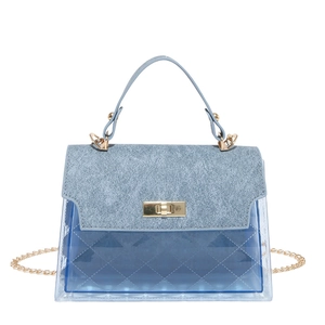 Blue transparent PVC Kelly bag with quilted texture and gold metal chain strap