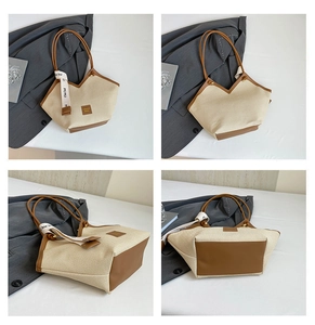 Detailed four-angle view of a large canvas tote bag with brown leather trim and V-shape opening