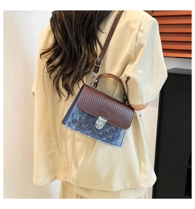 Rear view of a model wearing the brown and blue transparent jelly Kelly bag with metal lock
