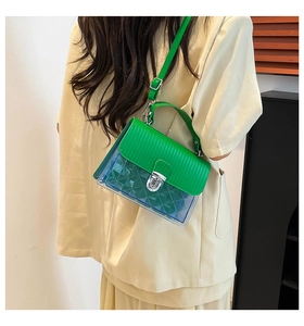 Detail showing green striped flap, transparent PVC body, and silver twist lock on crossbody bag