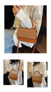 Close-up of brown textured woven flap and smooth leather stitching on a crossbody bag