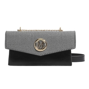 Minimalist square crossbody bag with grey twill flap and black leather base with M logo