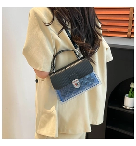 Detail showing blue transparent PVC handbag with black embossed flap and silver lock clasp