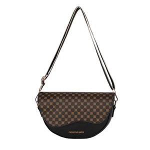 Vintage saddle shoulder bag with brown geometric pattern and striped wide strap