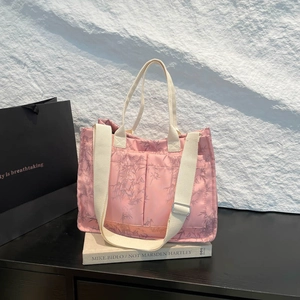 Pink Chinese style tote bag with bamboo patterns and adjustable shoulder strap for women