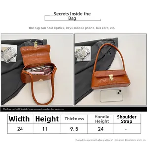 Detailed size specifications for the brown crocodile texture faux leather baguette bag