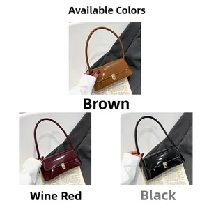 Detailed comparison of glossy patent leather shoulder bags in brown, wine red, and black