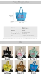 Detailed size chart and multi-color options for large canvas tote with Alaha print