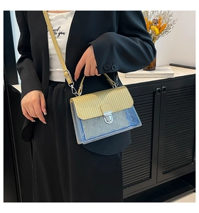 Detail of champagne gold pleated flap and transparent blue PVC body with metal lock