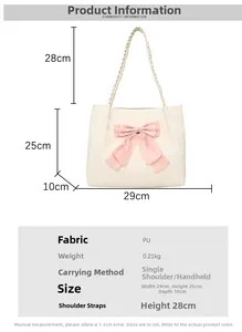 Size chart showing PU tote bag dimensions 29x25x10cm and 28cm shoulder strap height
