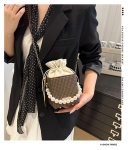 Mini brown plaid bucket bag with pearl handle and drawstring lining shown with an outfit
