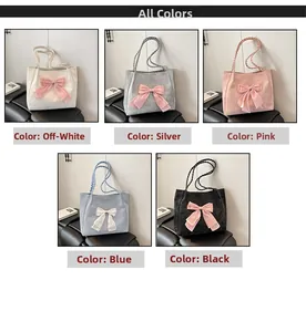 Close-up of bow knot tote bags in five colors with woven handles and textured fabric