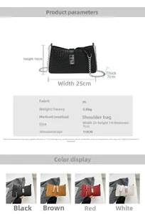 Detailed size guide and color options for women's quilted PU leather shoulder bag