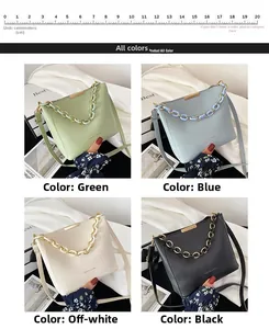 Detail view of four-color minimalist bucket bags featuring chunky chain straps and PU finish