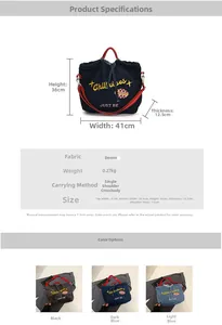 Detailed size chart for denim tote bag showing dimensions, fabric and color options