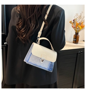 Detailed view of the blue transparent jelly bag with quilt texture and white flap closure