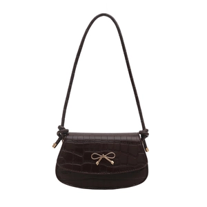 French retro dark brown faux crocodile shoulder bag with a gold bow metal detail