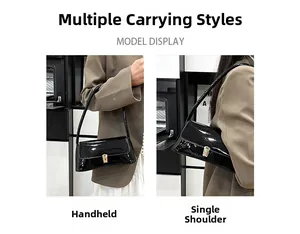 Glossy black patent leather baguette bag shown in both handheld and shoulder carry styles