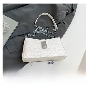 Detailed view of white woven baguette bag with silver chain strap and metal clasp
