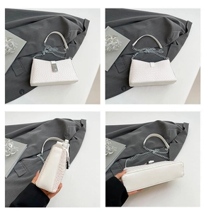 Detail view showing four angles of a white woven shoulder bag with silver chain strap