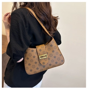 Detail of vintage brown shoulder bag with star pattern and gold metal buckle