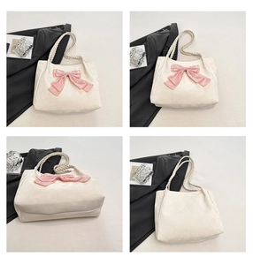 Collage showing beige tote bag with pink bow and woven strap from multiple angles