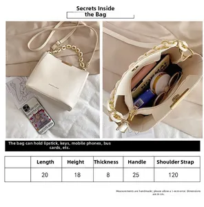 Size guide for minimalist beige bucket bag showing dimensions and interior capacity details