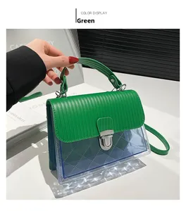 Detail view of stylish green and blue crossbody bag with metallic lock and textured finish