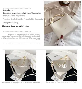 Detailed size comparison of white bucket bag measuring 20x18x8cm with chain strap