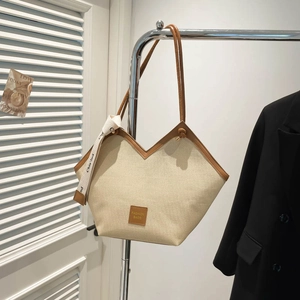 Retro canvas tote bag with brown faux leather trim and V-shaped top opening for women