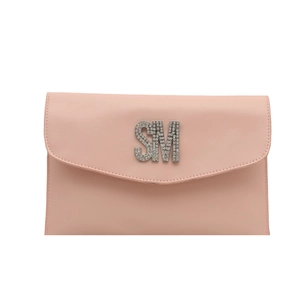 Sleek pink leather envelope clutch bag with sparkling SM rhinestone logo for women
