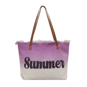 Lila Farbverlauf Canvas Shopper Tasche mit Summer-Print und braunen Ledergriffen auf Weiß