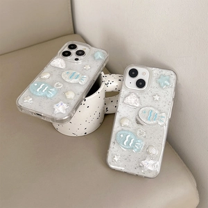 Ocean-themed iPhone case with 3D fish shells and silver foil glitter on clear back