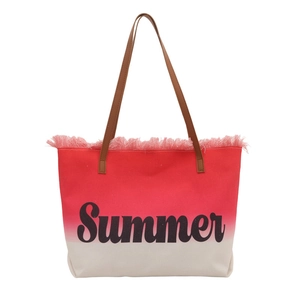 Borsa tote in tela sfumata rossa e bianca con frange e manici in similpelle