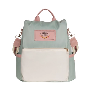 Fashionable Oxford cloth backpack for women in green and white with pink leather details